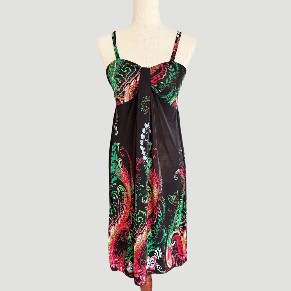 Ace Fashion Silk Blend Paisley Babydoll Midi Dress M‎ L Black Indie artsy boho